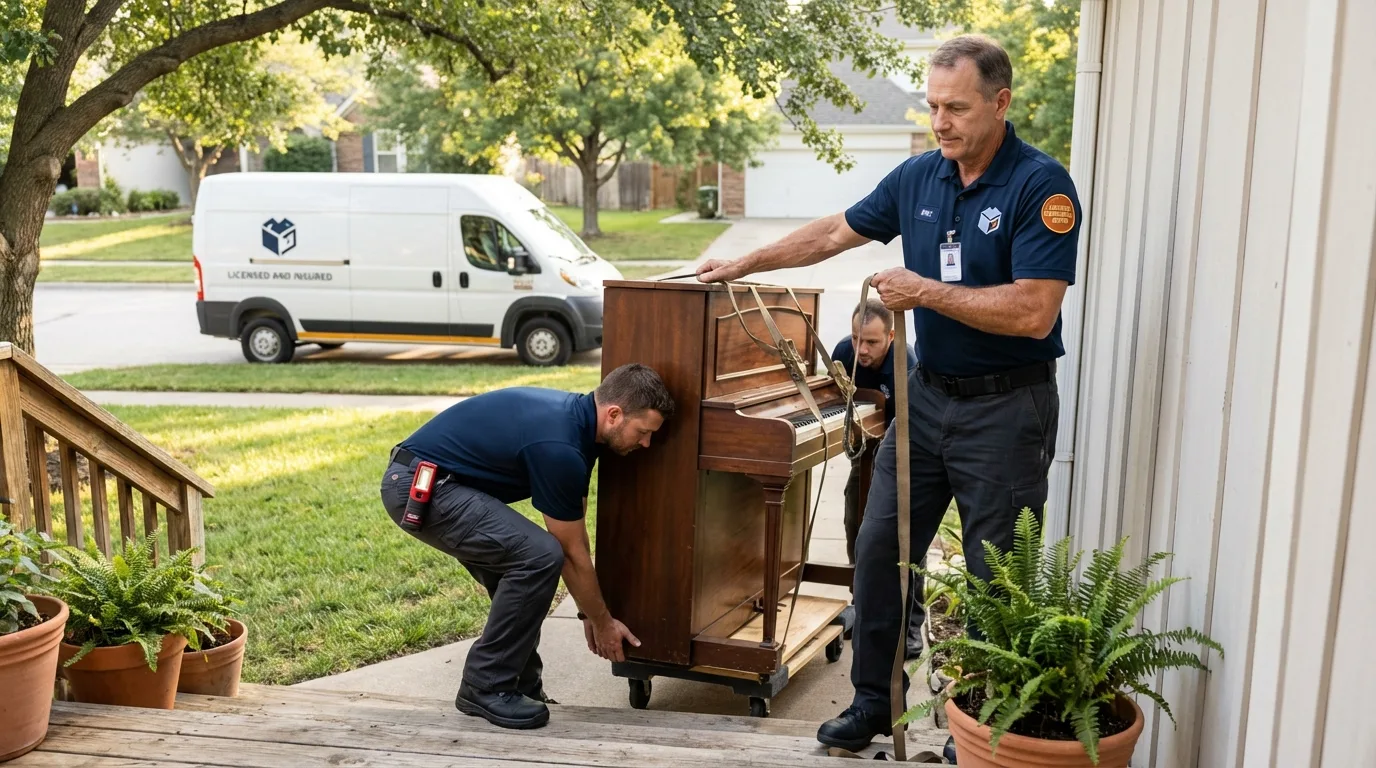 Licensed piano movers securing grand piano in Orange Park, FL