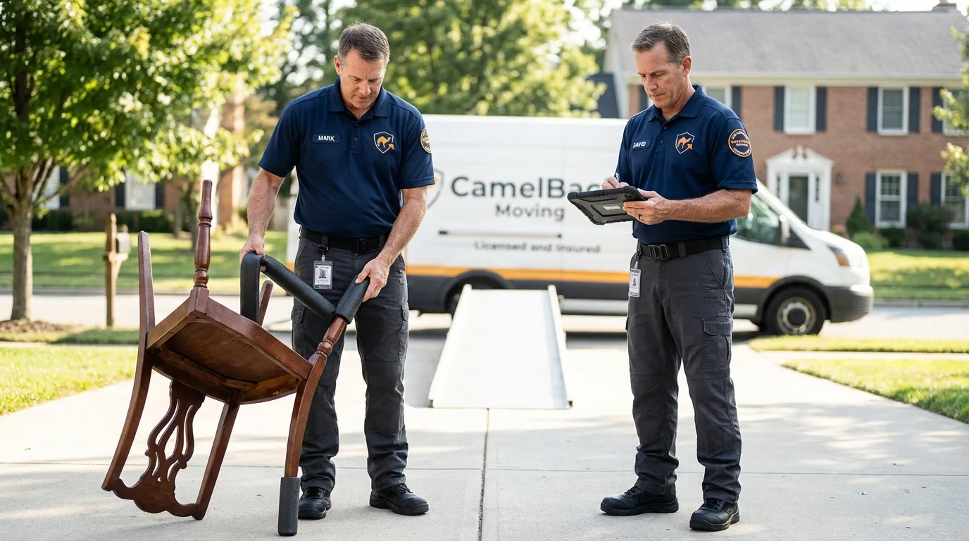 Movers inspecting furniture for damage prevention before loading in Orange Park, FL