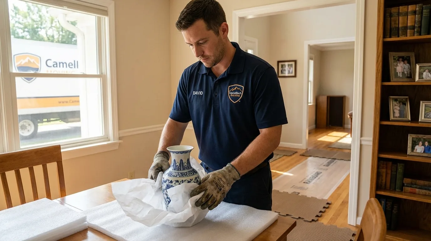 Professional crew carefully wrapping antique vase for senior downsizing move in Orange Park, FL